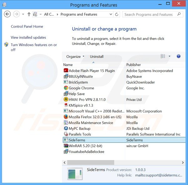 sideterms adware uninstall via Control Panel