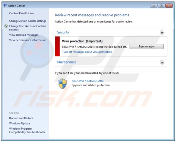 sirius win 7 antivirus 2014 showing a fake Windows action center