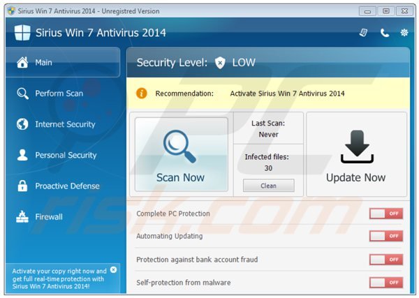 sirius win 7 antivirus 2014 main window