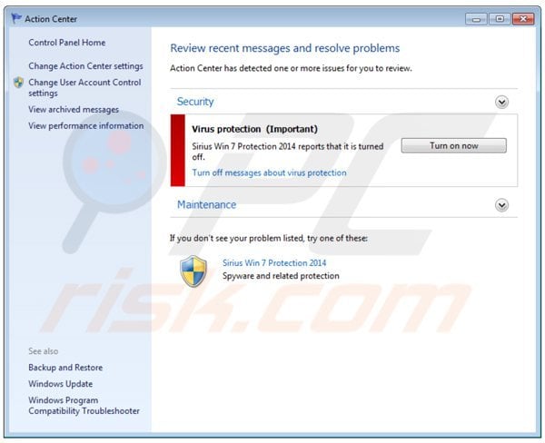 sirius win 7 protection 2014 displaying a fake Windows action center
