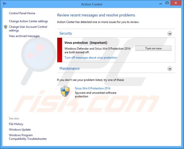 sirius win 8 protection 2014 displaying a fake Windows action center