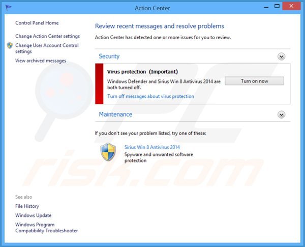 sirius win 8 antivirus 2014 displaying a fake Windows action center