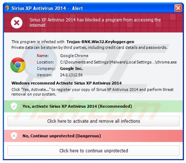 sirius xp antivirus 2014 blocking execution of installed programs