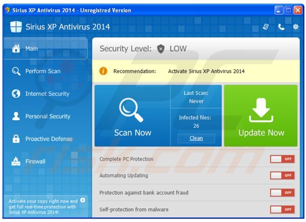 sirius xp antivirus 2014 main window