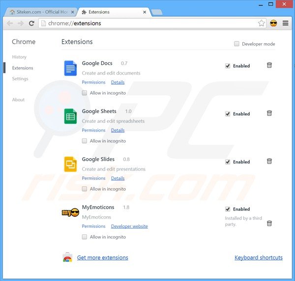 Removing Siteken.com related Google Chrome extensions