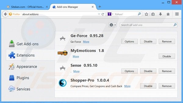 Removing Siteken.com related Mozilla Firefox extensions
