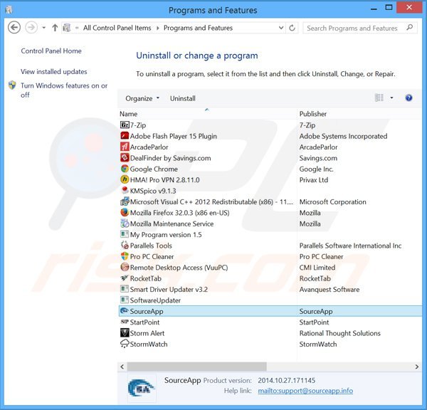 sourceapp adware uninstall via Control Panel