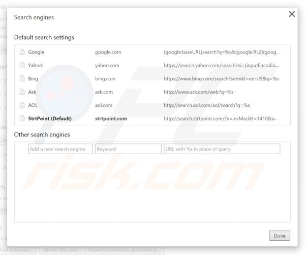 Removing search.strtpoint.com from Google Chrome default search engine
