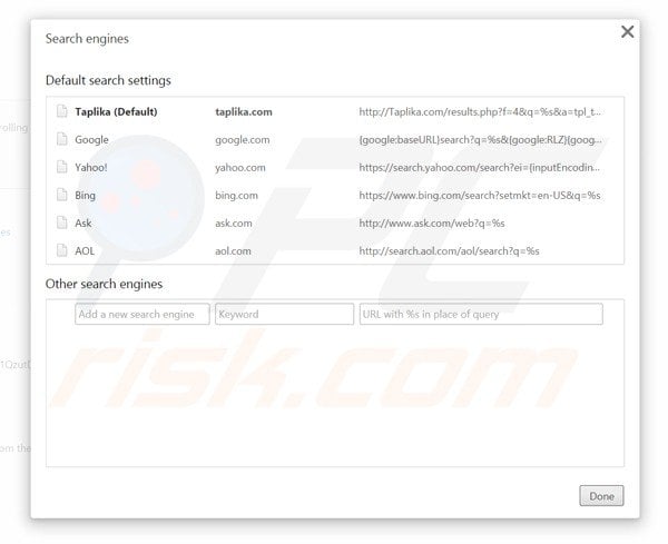 Removing taplika.com from Google Chrome default search engine