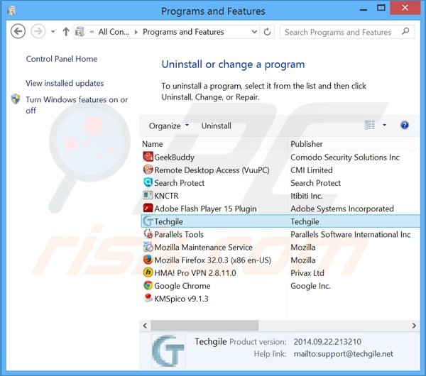 techgile adware uninstall via Control Panel