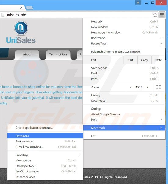 Removing unisales ads from Google Chrome step 1