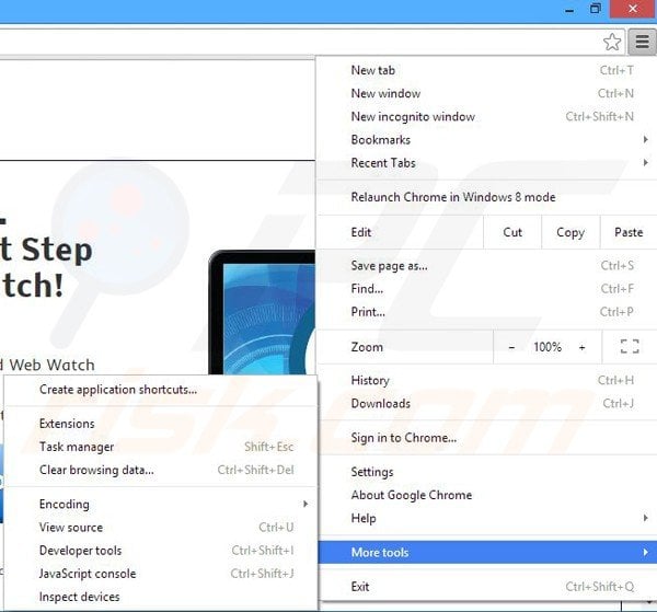 Removing Web Watch ads from Google Chrome step 1