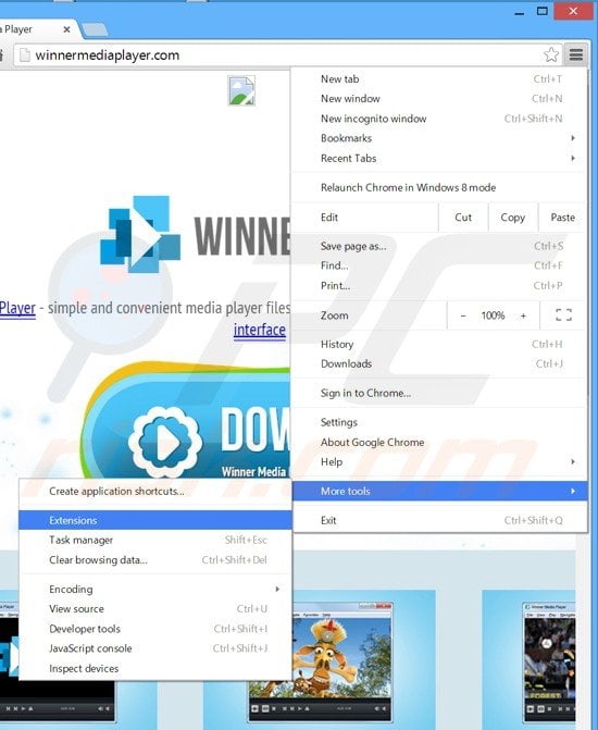 Removing Winner Media Player ads from Google Chrome step 1