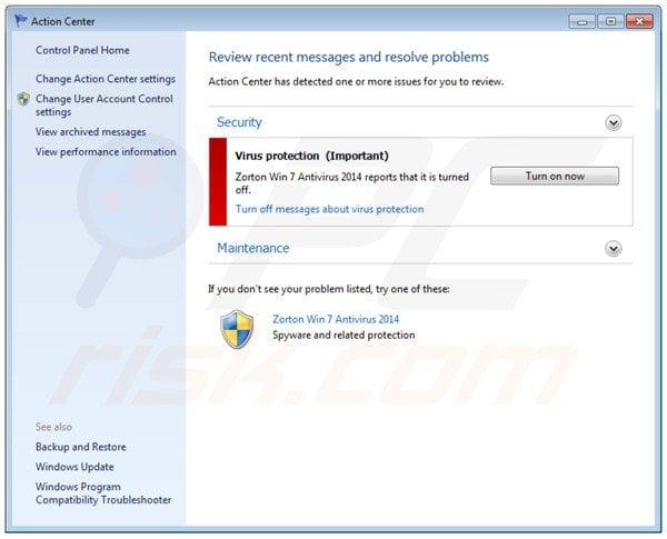 zorton win7 antivirus 2014 displaying a fake Windows action center