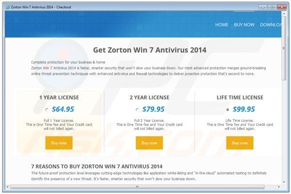 Rogue website promoting Zorton Win 7 Antivirus 2014 fake antivirus