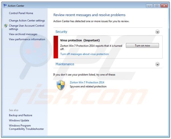 zorton win7 protection 2014 displaying a fake Windows action center