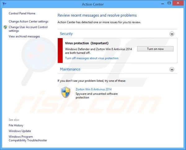 zorton win8 antivirus 2014 showing a fake Windows action center