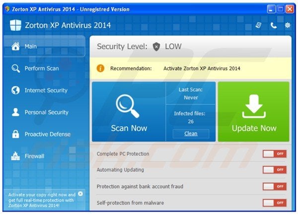 zorton xp antivirus 2014 main window