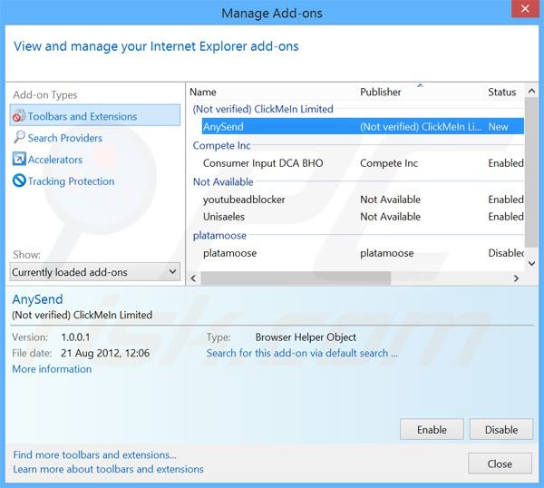Removing AnySend ads from Internet Explorer step 2
