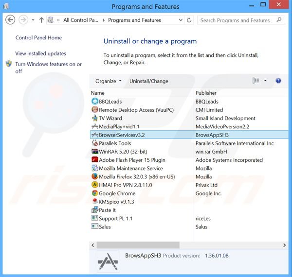 BrowserServices adware uninstall via Control Panel