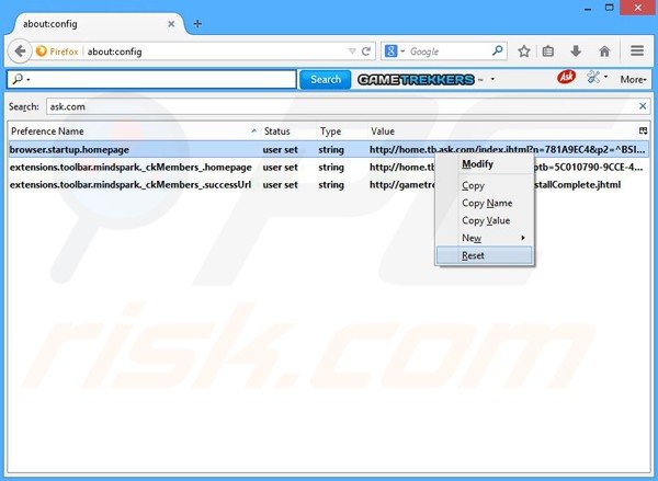 Removing GameTrekkers from Mozilla Firefox default search engine