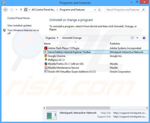 GameTrekkers browser hijacker uninstall via Control Panel