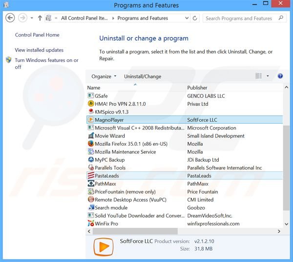 MagnoPlayer adware uninstall via Control Panel