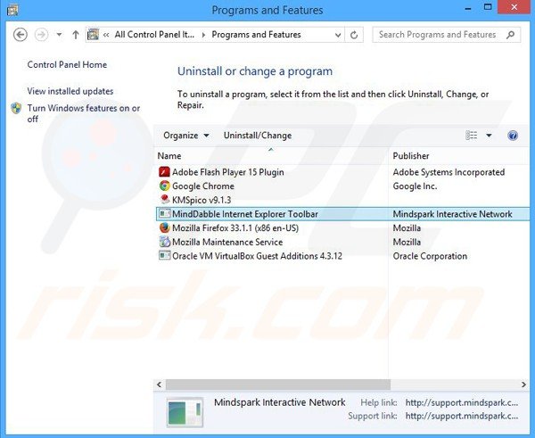 MindDabble browser hijacker uninstall via Control Panel