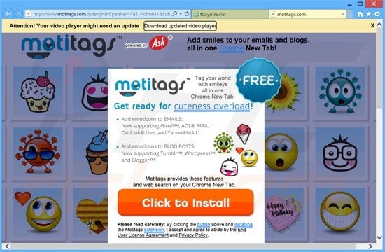 pop-up ads promoting motitags toolbar