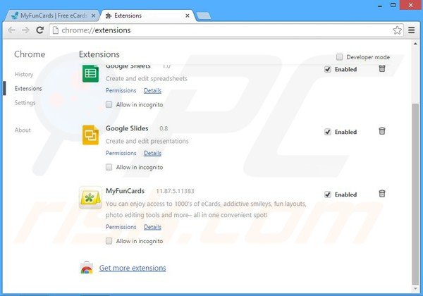 Removing MyFunCards related Google Chrome extensions