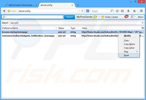 Removing MyFunCards from Mozilla Firefox default search engine