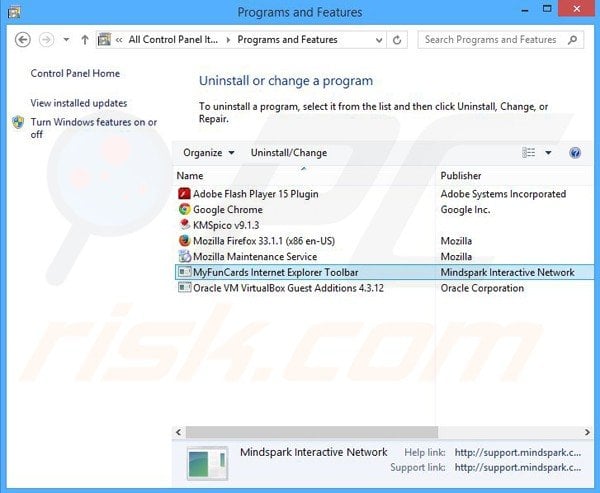 MyFunCards browser hijacker uninstall via Control Panel