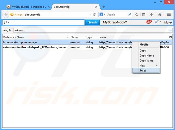 Removing MyScrapNook from Mozilla Firefox default search engine