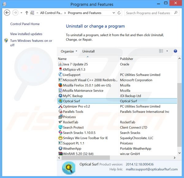 Optical Surf adware uninstall via Control Panel