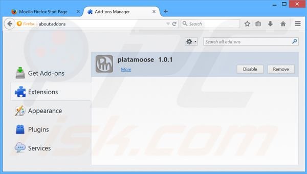 Removing platamoose from Mozilla Firefox step 2