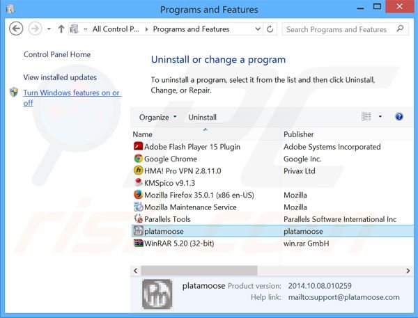 Uninstalling platamoose via control panel