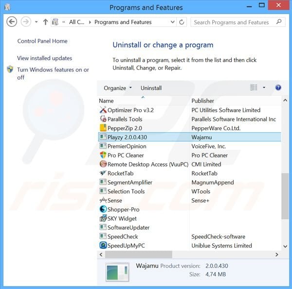 Playzy adware uninstall via Control Panel
