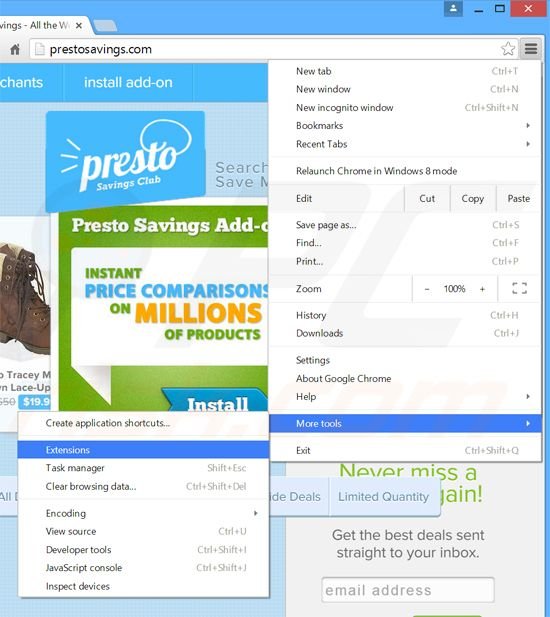 Removing Presto Savings  ads from Google Chrome step 1