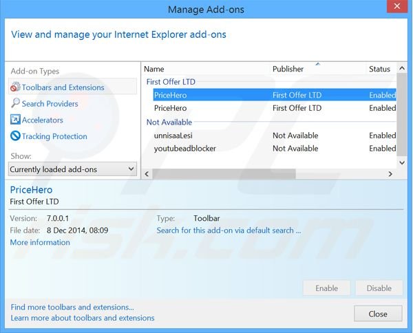 Removing Price-Hero ads from Internet Explorer step 2