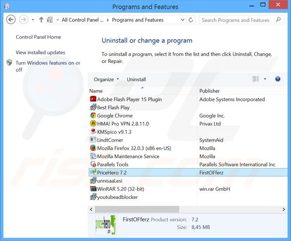Price-Hero adware uninstall via Control Panel