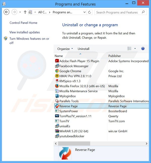 reverse page adware uninstall via Control Panel