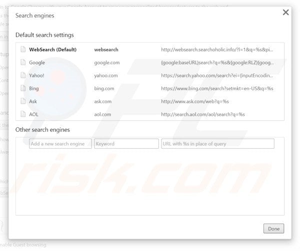 Removing searchfunmoods.com from Google Chrome default search engine