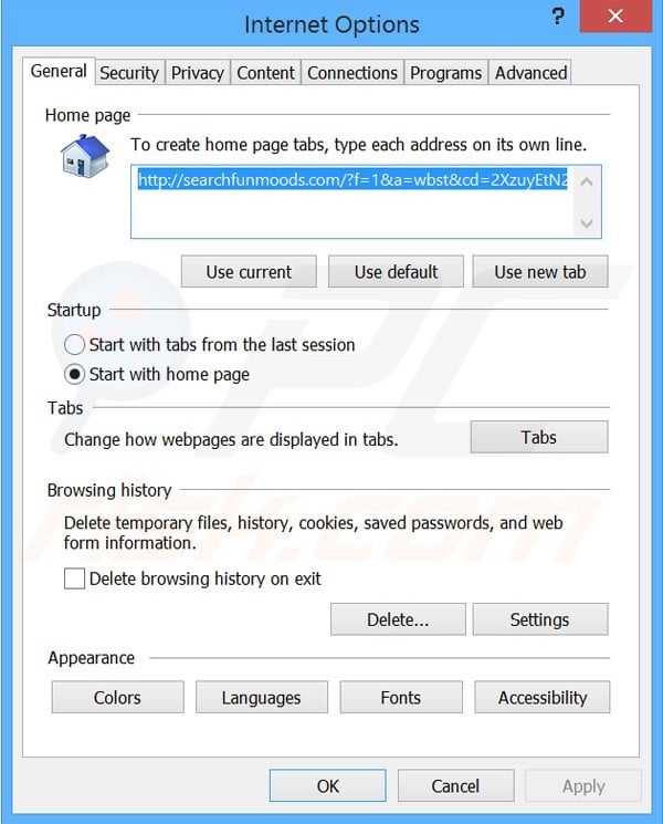 Removing searchfunmoods.com from Internet Explorer homepage