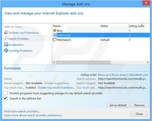 Removing searchfunmoods.com from Internet Explorer default search engine