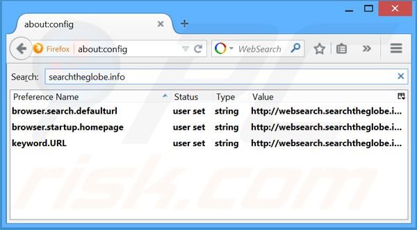 Removing websearch.searchtheglobe.info from Mozilla Firefox default search engine