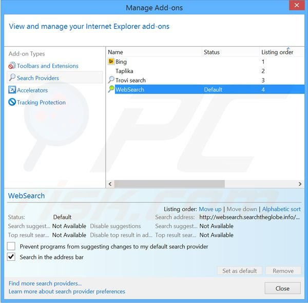 Removing websearch.searchtheglobe.info from Internet Explorer default search engine