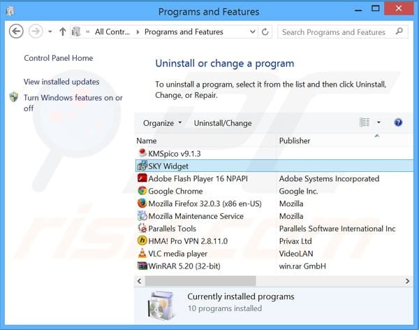 Sky Widget adware uninstall via Control Panel