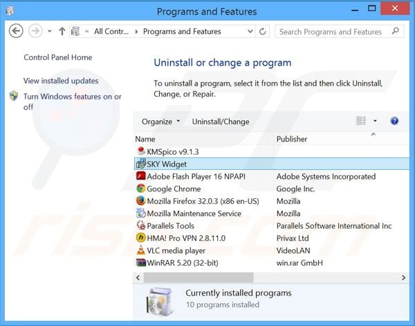 Sky Widget adware uninstall via Control Panel