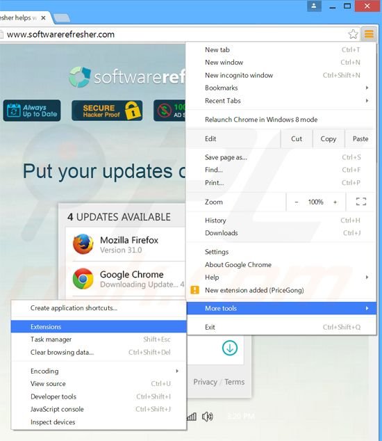 Removing SoftwareRefresher  ads from Google Chrome step 1