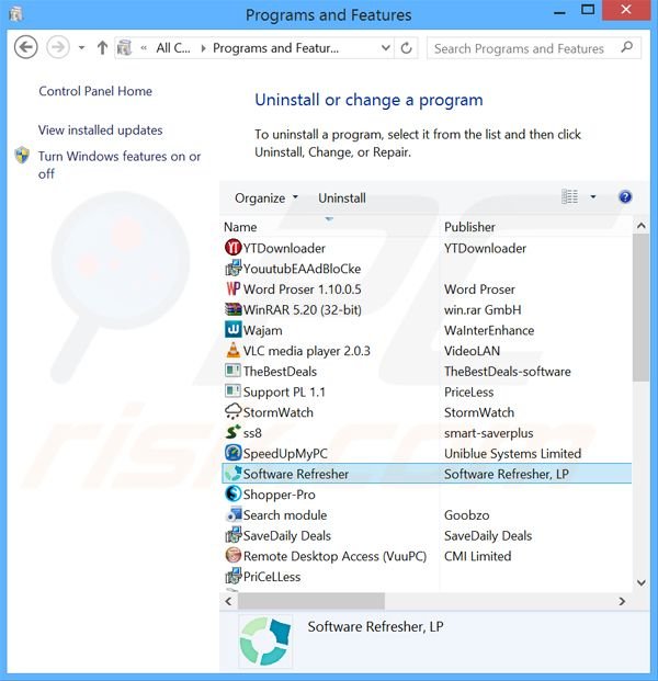 SoftwareRefresher adware uninstall via Control Panel